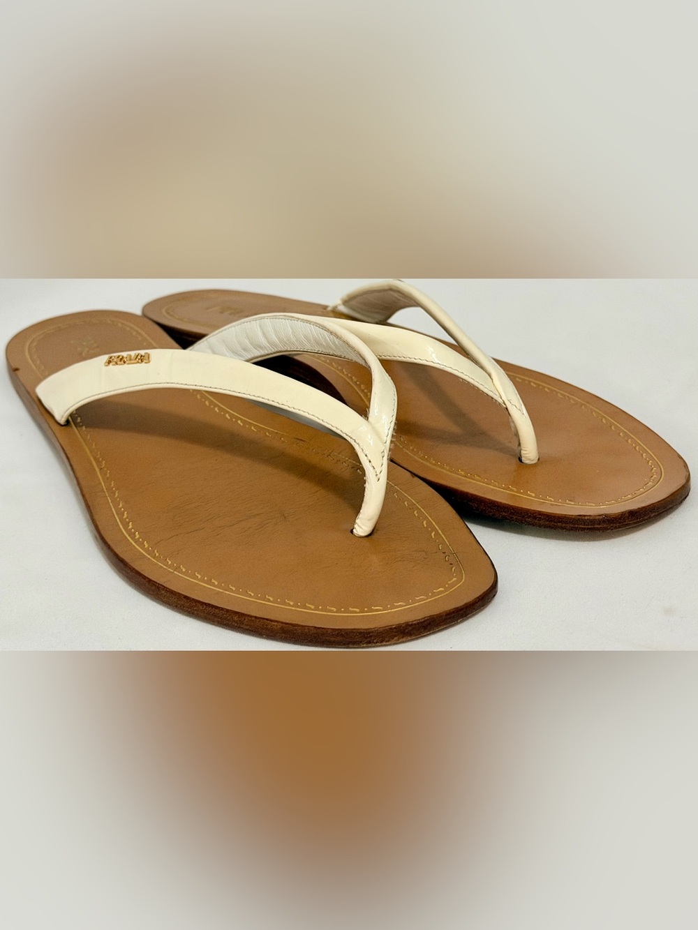 Prada Ivory Patent Leather Thong Flip Flop Sandals Gold Logo Italy 39.5